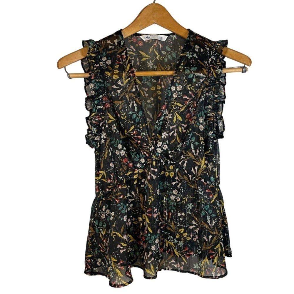𝅺ZARA Women's Sheer Floral Top Black Size Medium